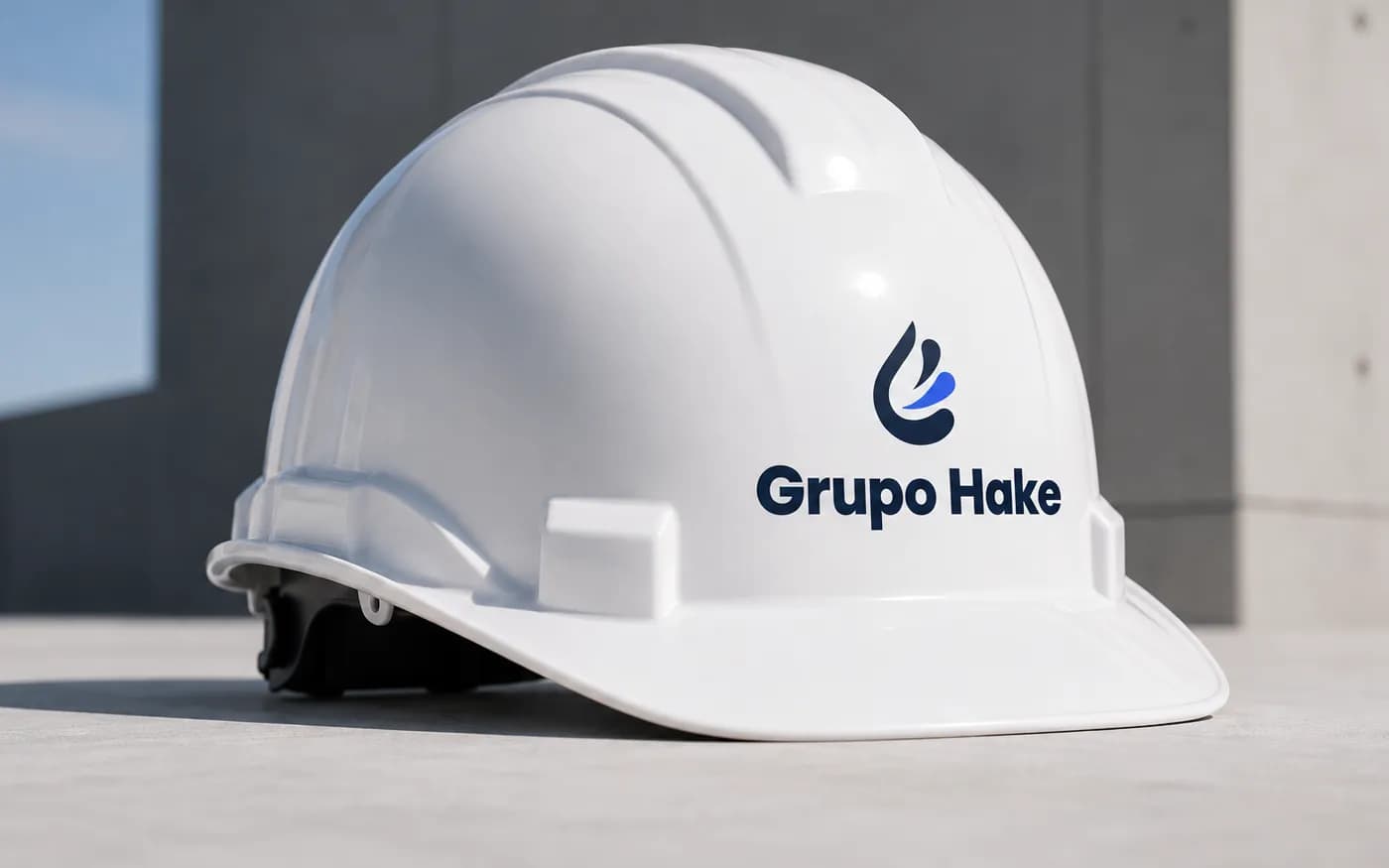 Casco blanco con el logotipo de Grupo HAKE